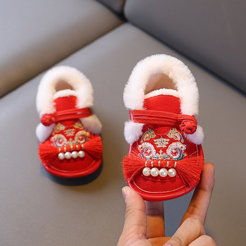 Pantofi pentru copii mici, stil etnic, partea superioară din bumbac, talpă moale, cap de tigru plușat, imprimeu cartoon, 12–36 de luni