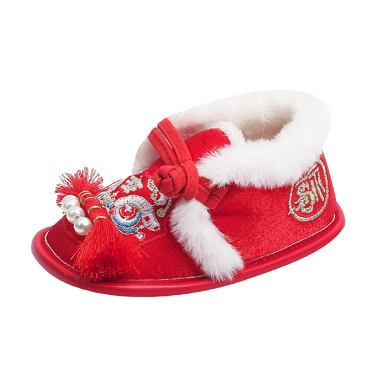 Pantofi pentru copii mici, stil etnic, partea superioară din bumbac, talpă moale, cap de tigru plușat, imprimeu cartoon, 12–36 de luni