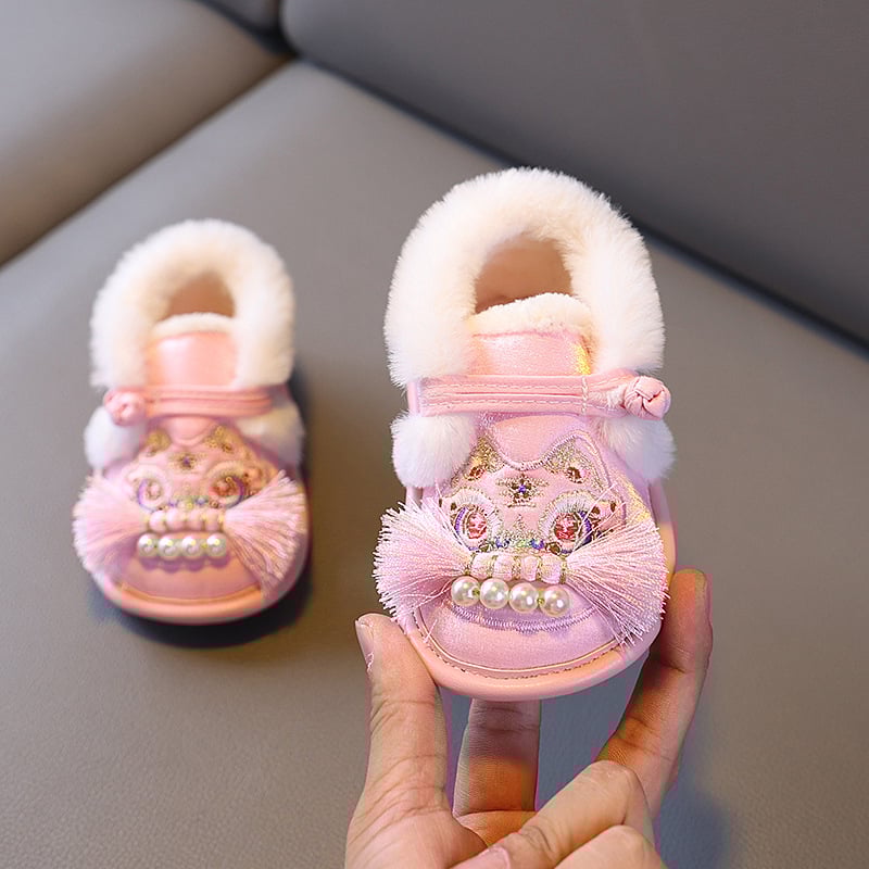 Pantofi pentru copii mici, stil etnic, partea superioară din bumbac, talpă moale, cap de tigru plușat, imprimeu cartoon, 12–36 de luni