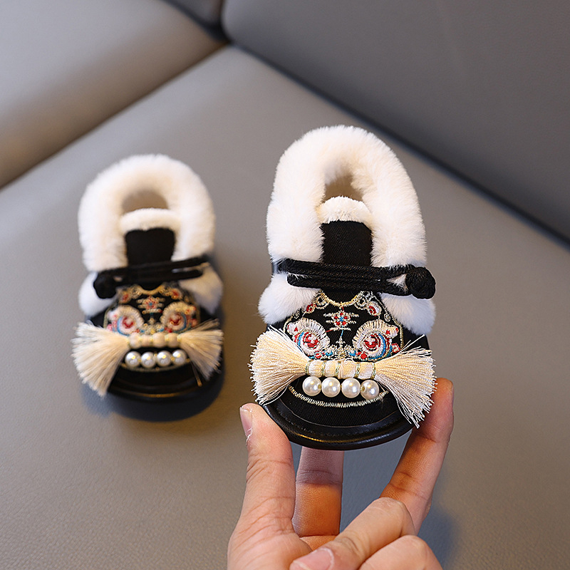 Pantofi pentru copii mici, stil etnic, partea superioară din bumbac, talpă moale, cap de tigru plușat, imprimeu cartoon, 12–36 de luni
