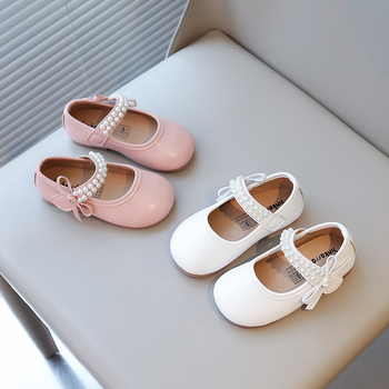 Mergaitėms balerininių batelių su perlų dekoru ir kaspinu, PU viršus, neslidus minkštas padas, 2–6 metų amžiaus