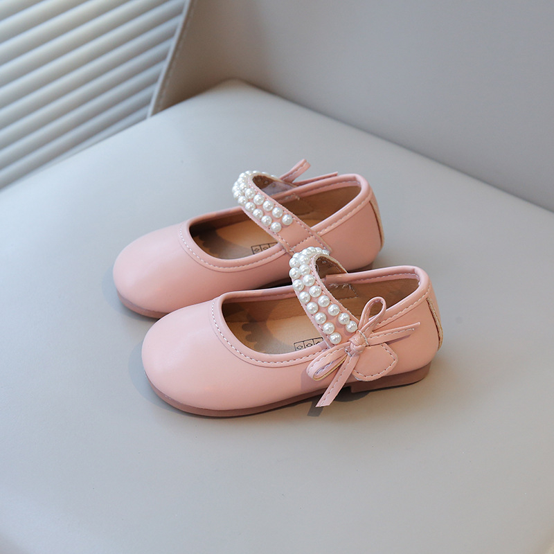 Mergaitėms balerininių batelių su perlų dekoru ir kaspinu, PU viršus, neslidus minkštas padas, 2–6 metų amžiaus