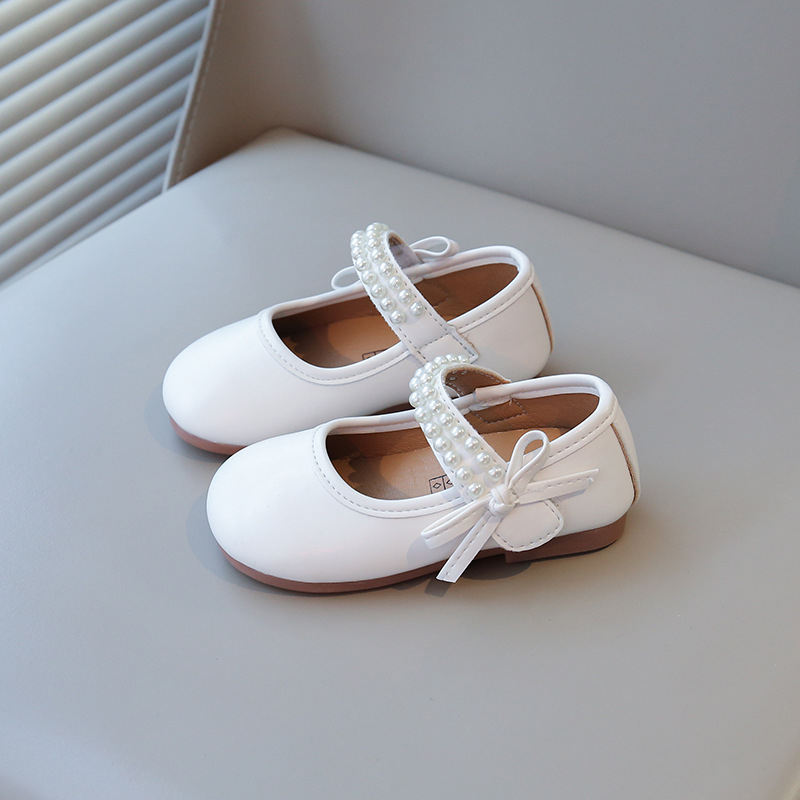 Mergaitėms balerininių batelių su perlų dekoru ir kaspinu, PU viršus, neslidus minkštas padas, 2–6 metų amžiaus