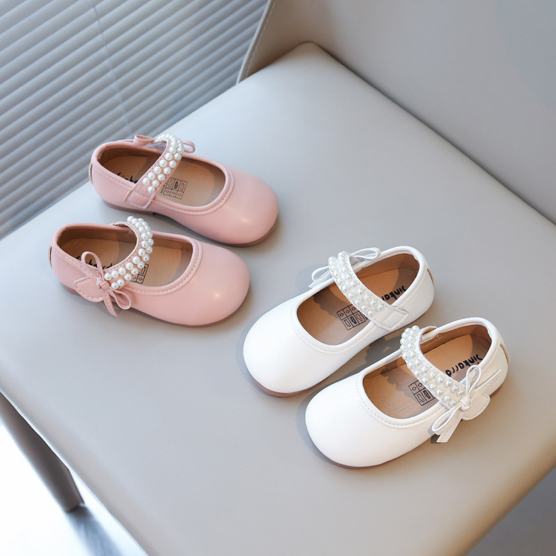 Mergaitėms balerininių batelių su perlų dekoru ir kaspinu, PU viršus, neslidus minkštas padas, 2–6 metų amžiaus