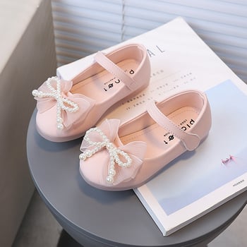 Pantofi de mers pentru fetițe, cu funda și perlă, piele artificială, talpă din cauciuc, Velcro, talpă joasă, căptușeală textilă