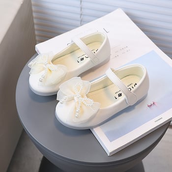 Pantofi de mers pentru fetițe, cu funda și perlă, piele artificială, talpă din cauciuc, Velcro, talpă joasă, căptușeală textilă