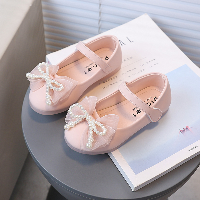 Pantofi de mers pentru fetițe, cu funda și perlă, piele artificială, talpă din cauciuc, Velcro, talpă joasă, căptușeală textilă