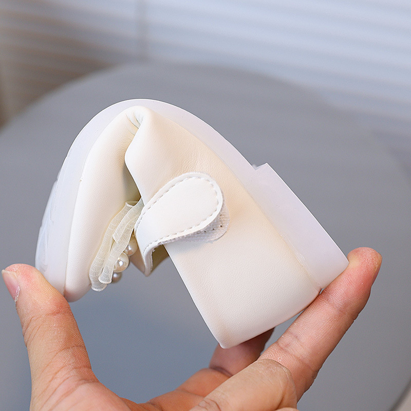 Pantofi de mers pentru fetițe, cu funda și perlă, piele artificială, talpă din cauciuc, Velcro, talpă joasă, căptușeală textilă