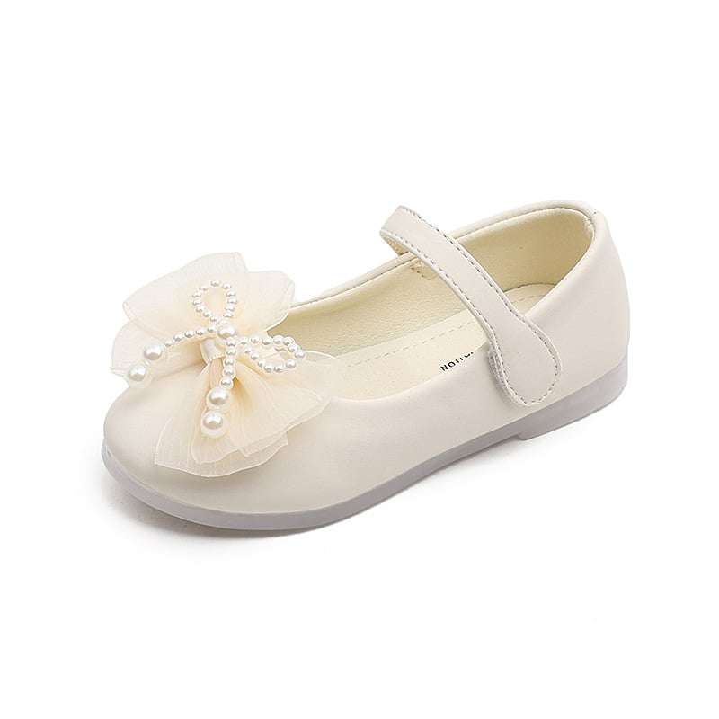 Pantofi de mers pentru fetițe, cu funda și perlă, piele artificială, talpă din cauciuc, Velcro, talpă joasă, căptușeală textilă