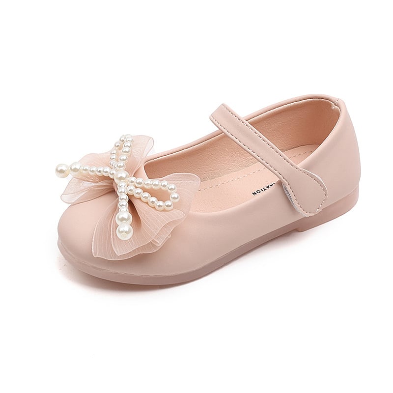 Pantofi de mers pentru fetițe, cu funda și perlă, piele artificială, talpă din cauciuc, Velcro, talpă joasă, căptușeală textilă