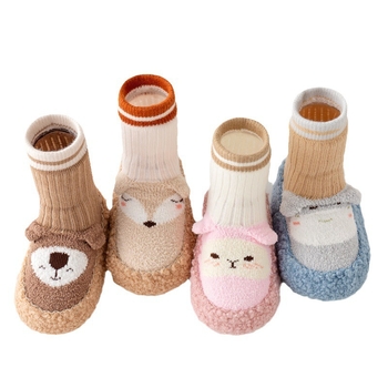Téli bébi járócipő-zokni, csúszásmentes, vastag puha talppal, állatmintás, felső rész pamut és gyapjú, magas felső