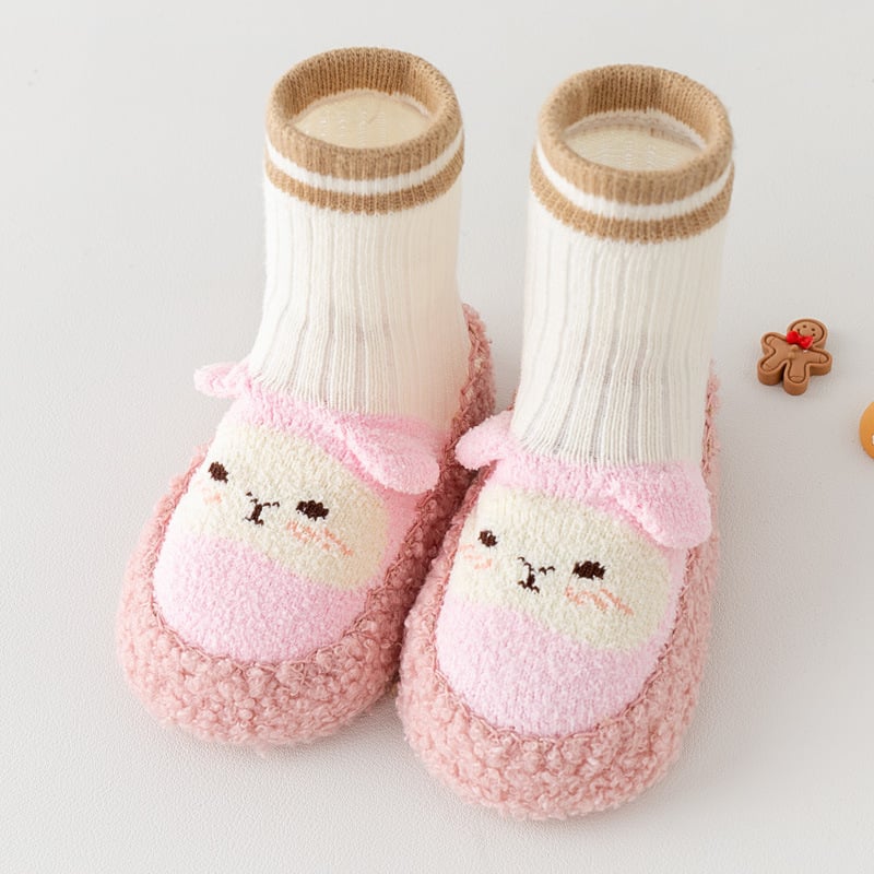 Téli bébi járócipő-zokni, csúszásmentes, vastag puha talppal, állatmintás, felső rész pamut és gyapjú, magas felső