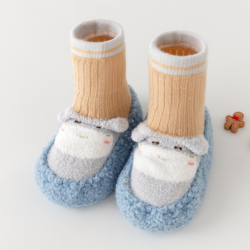 Téli bébi járócipő-zokni, csúszásmentes, vastag puha talppal, állatmintás, felső rész pamut és gyapjú, magas felső