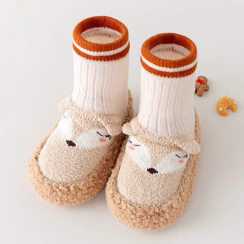 Téli bébi járócipő-zokni, csúszásmentes, vastag puha talppal, állatmintás, felső rész pamut és gyapjú, magas felső