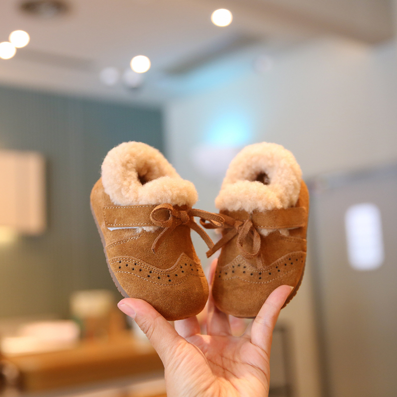 Dječje pamučne cipele za djevojčice s gornjim dijelom od nubuk kože krave, fleece podstava, bočni zatvarač, zimske, protuklizna potplat