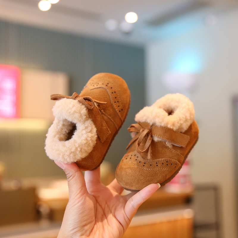 Dječje pamučne cipele za djevojčice s gornjim dijelom od nubuk kože krave, fleece podstava, bočni zatvarač, zimske, protuklizna potplat