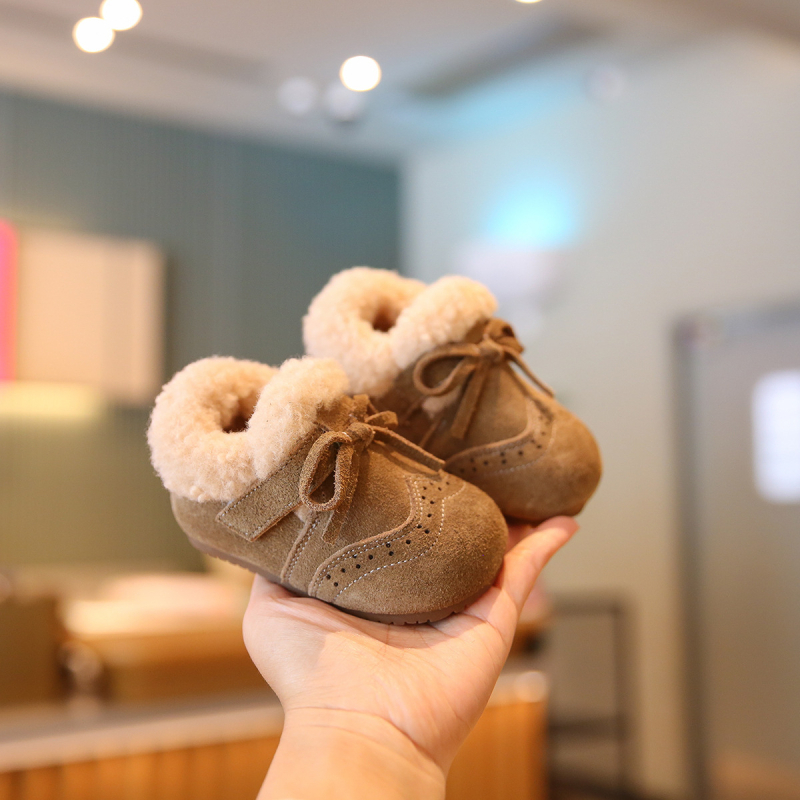 Dječje pamučne cipele za djevojčice s gornjim dijelom od nubuk kože krave, fleece podstava, bočni zatvarač, zimske, protuklizna potplat