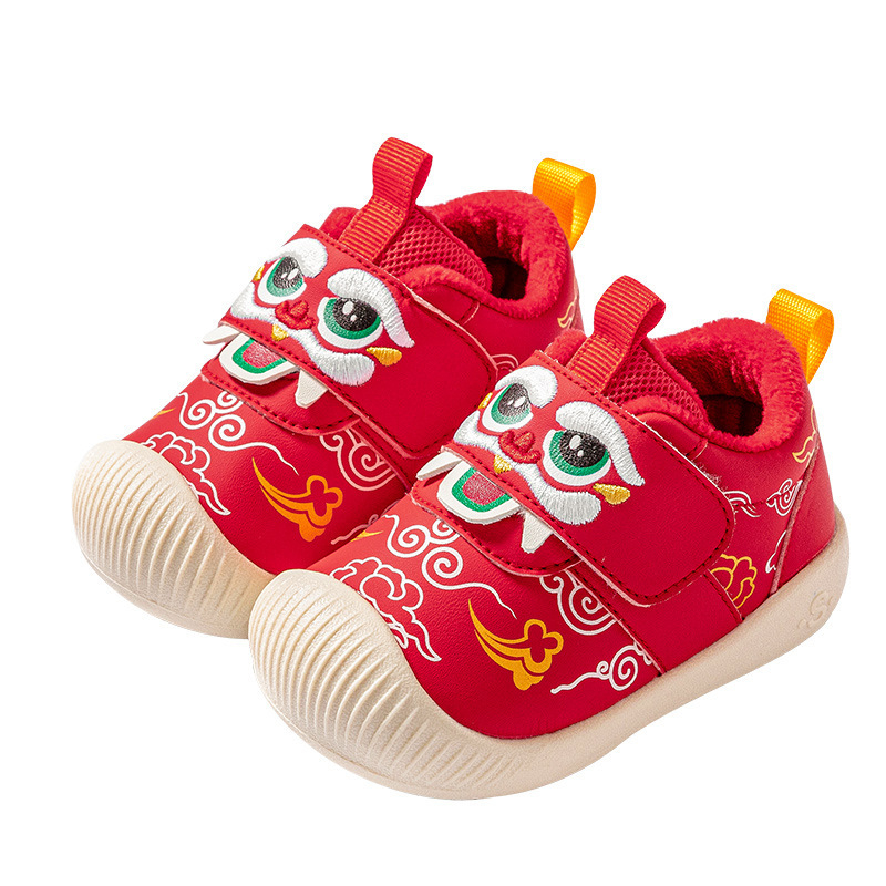 Zimske papuče za bebe s flecom, za učenje hodanja, crvene boje