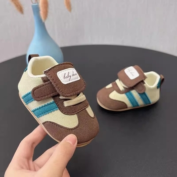 Dječje cipele za hodanje za 0–12 mjeseci, unisex, mekana gumena potplat, protuklizne, svakodnevne, gornji dio od pamuka s prugicama, zatvaranje na Velcro