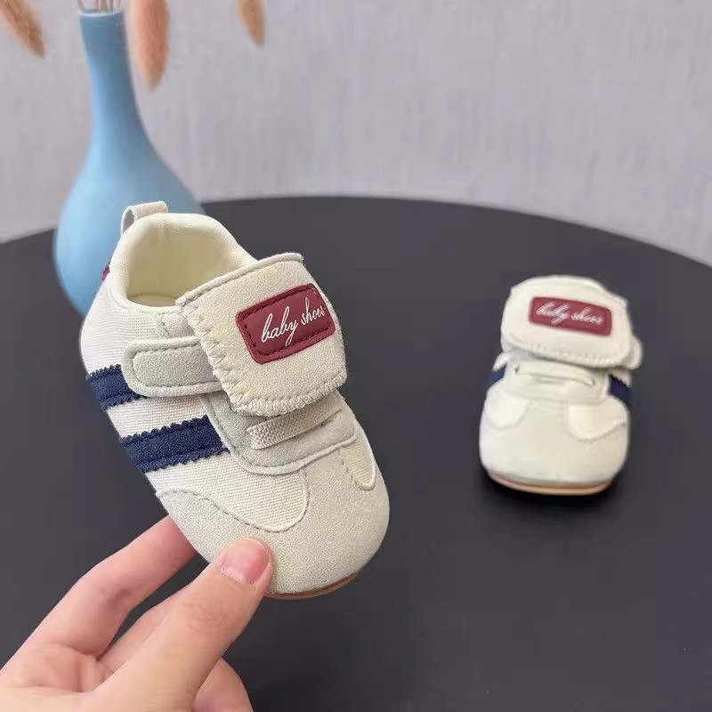 Dječje cipele za hodanje za 0–12 mjeseci, unisex, mekana gumena potplat, protuklizne, svakodnevne, gornji dio od pamuka s prugicama, zatvaranje na Velcro