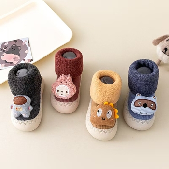 Detské topánky na prvé kroky s karikatúrnym dizajnom, vnútorná fleecová výstelka, vysoký vrchný diel z bavlneného materiálu, protišmyková podrážka, pre deti 12–36 mesiacov