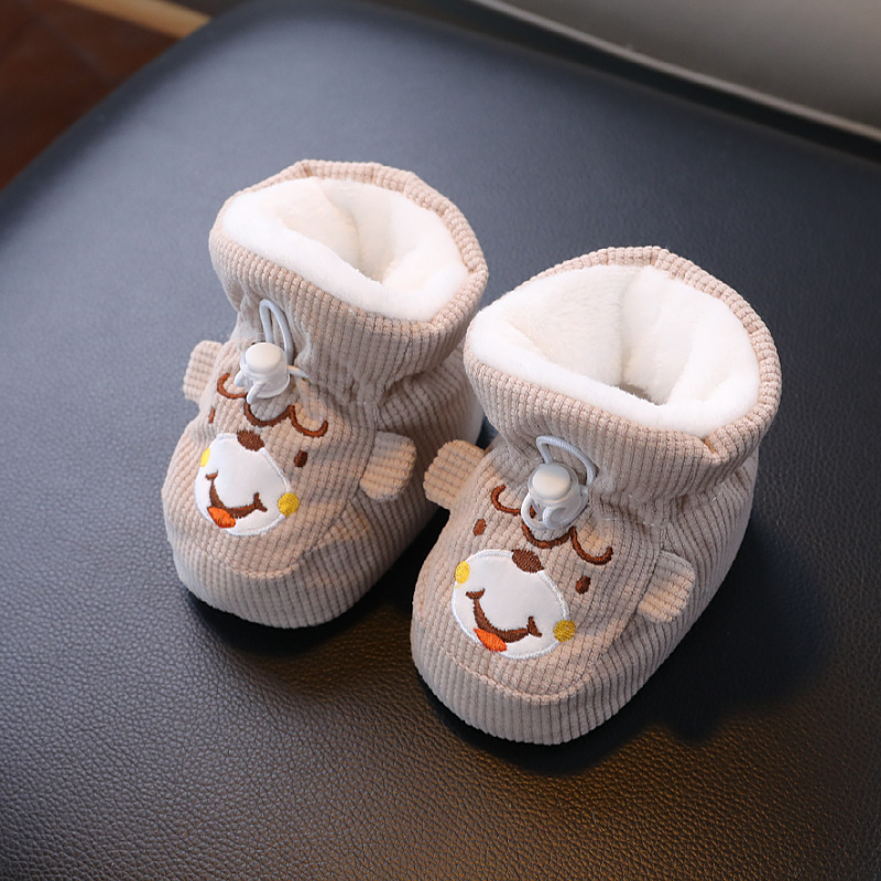 Pantofi moi pentru bebeluți cu talpă moale, partea superioară din bumbac, căptușeală de fleece, anti-alunecare, calzi pentru toamnă-iarnă, 6-12 luni