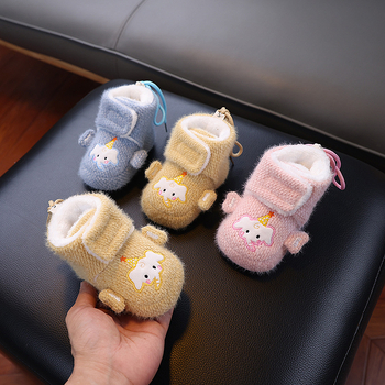 Dječje cipele s mekom potplatom, dizajn s crtanim slonom, fleece podstava i debeli sloj za jesen-zimu, gornji dio od coral velvet, Velcro zatvaranje, protuklizno i toplo.