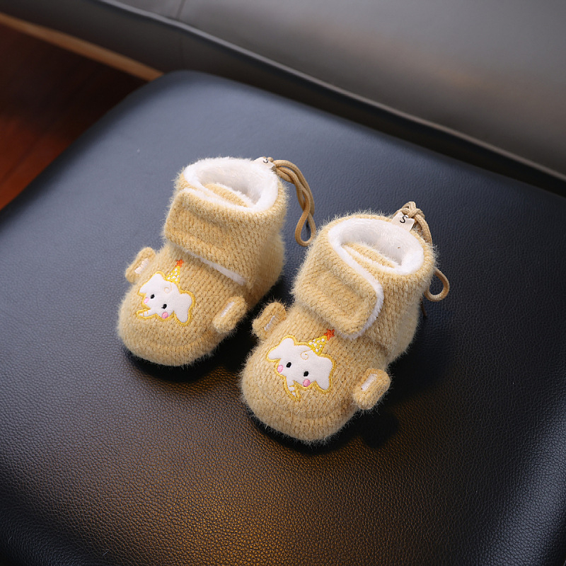 Dječje cipele s mekom potplatom, dizajn s crtanim slonom, fleece podstava i debeli sloj za jesen-zimu, gornji dio od coral velvet, Velcro zatvaranje, protuklizno i toplo.