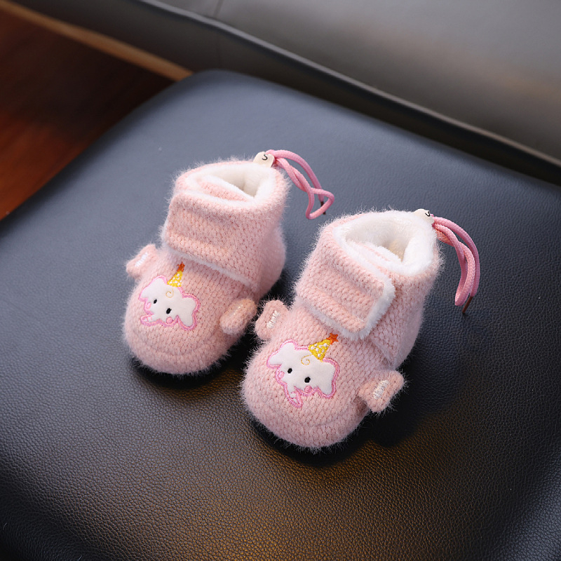 Dječje cipele s mekom potplatom, dizajn s crtanim slonom, fleece podstava i debeli sloj za jesen-zimu, gornji dio od coral velvet, Velcro zatvaranje, protuklizno i toplo.