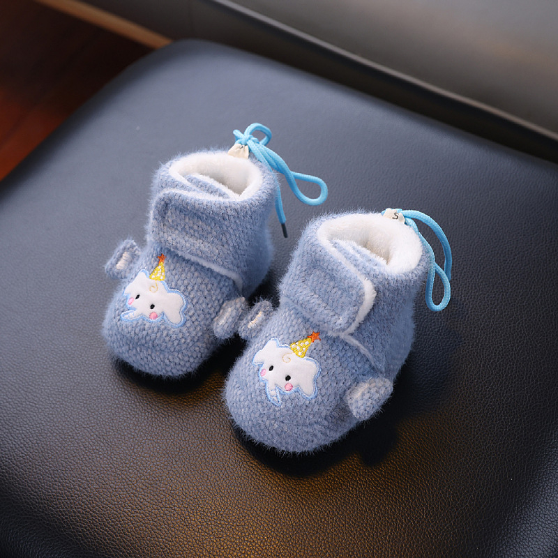 Dječje cipele s mekom potplatom, dizajn s crtanim slonom, fleece podstava i debeli sloj za jesen-zimu, gornji dio od coral velvet, Velcro zatvaranje, protuklizno i toplo.