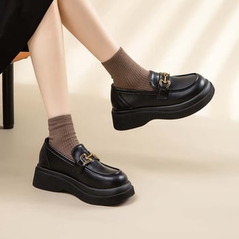 Ženske loaferice: okrugli vrh, gornji dio od umjetne kože, slip-on, školski stil, debela potplata PVC, srednja visina peta 3–5 cm