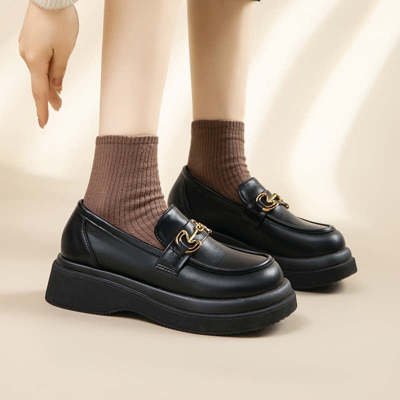 Ženske loaferice: okrugli vrh, gornji dio od umjetne kože, slip-on, školski stil, debela potplata PVC, srednja visina peta 3–5 cm