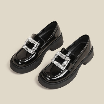 Loaferice s okruglim nosom, korejskog stila, gornji dio od mikrovlakna, četverokutno kopčanje sa kristalima, debeli pet 3–5 cm