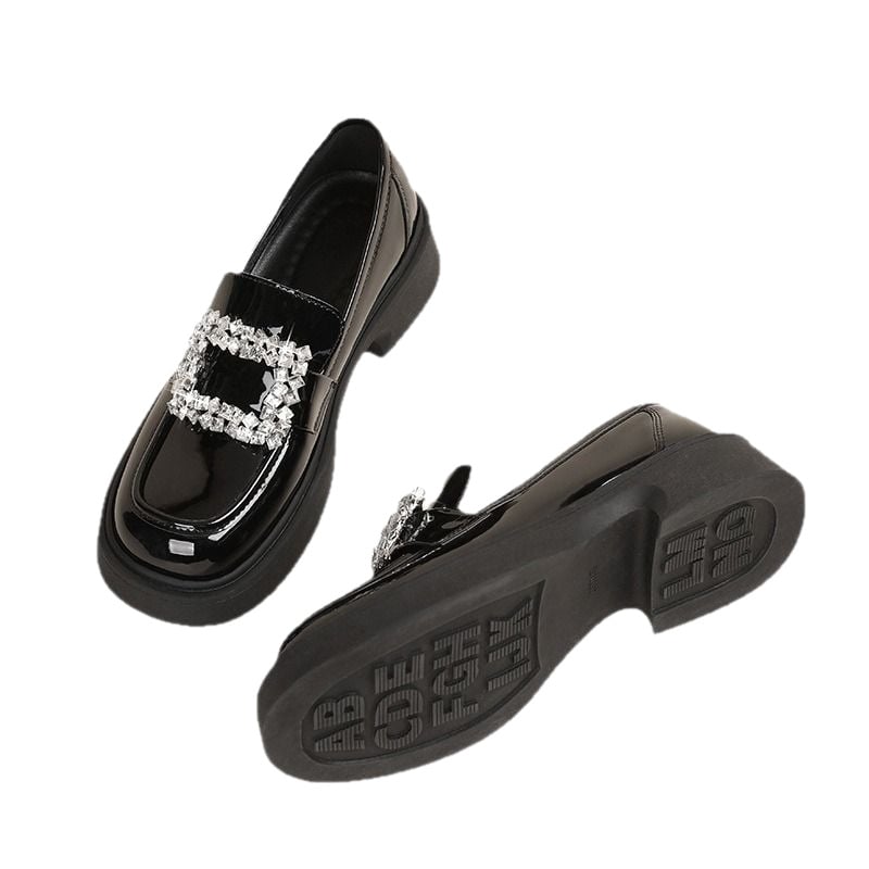 Loaferice s okruglim nosom, korejskog stila, gornji dio od mikrovlakna, četverokutno kopčanje sa kristalima, debeli pet 3–5 cm