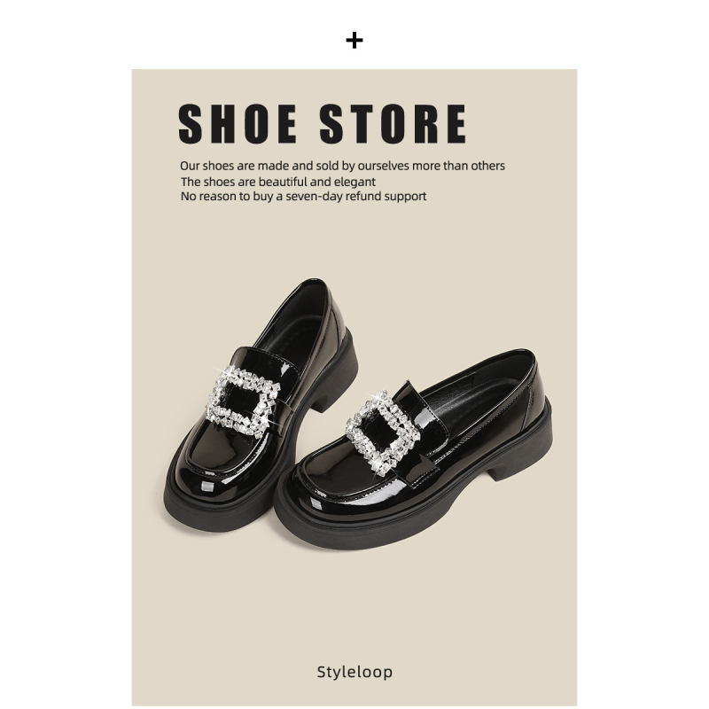 Loaferice s okruglim nosom, korejskog stila, gornji dio od mikrovlakna, četverokutno kopčanje sa kristalima, debeli pet 3–5 cm