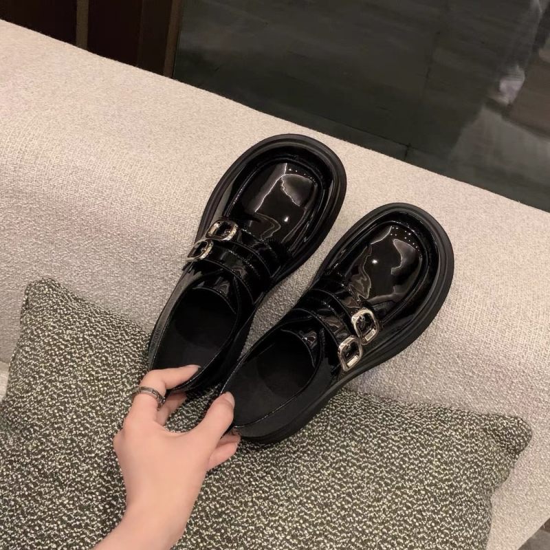 Ženski loafersi s okruglim vrhom, dvostruka kopča, teleća koža, debeli potpetica 3-5 cm