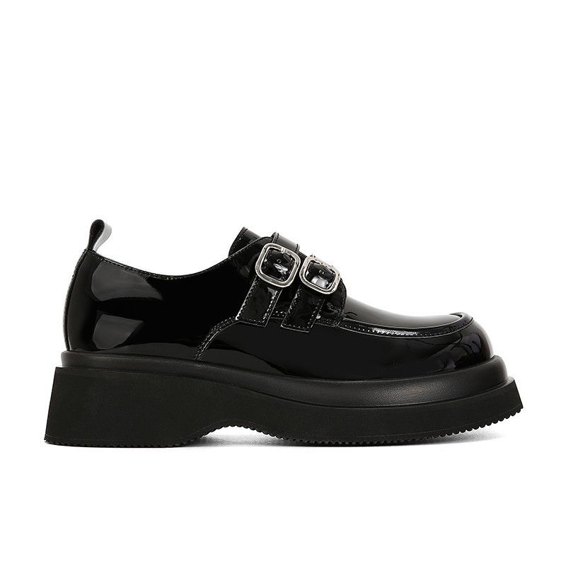 Ženski loafersi s okruglim vrhom, dvostruka kopča, teleća koža, debeli potpetica 3-5 cm