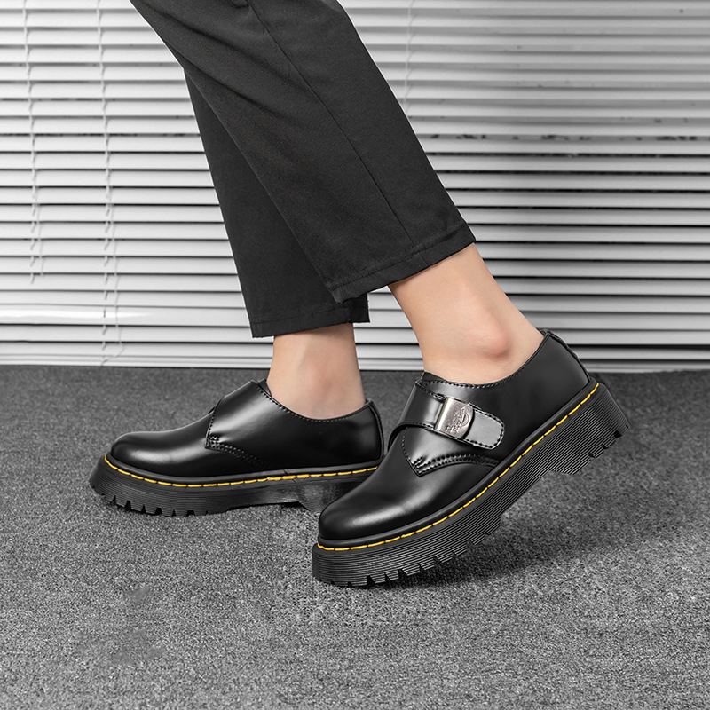 Unisex Oxford cipele od prave kože sa kopčom, britanski stil, gumeni potplat, okrugli vrh, srednja visina pete 3–5 cm