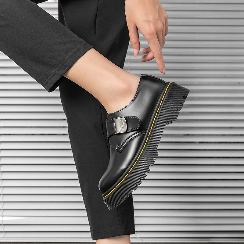 Unisex Oxford cipele od prave kože sa kopčom, britanski stil, gumeni potplat, okrugli vrh, srednja visina pete 3–5 cm