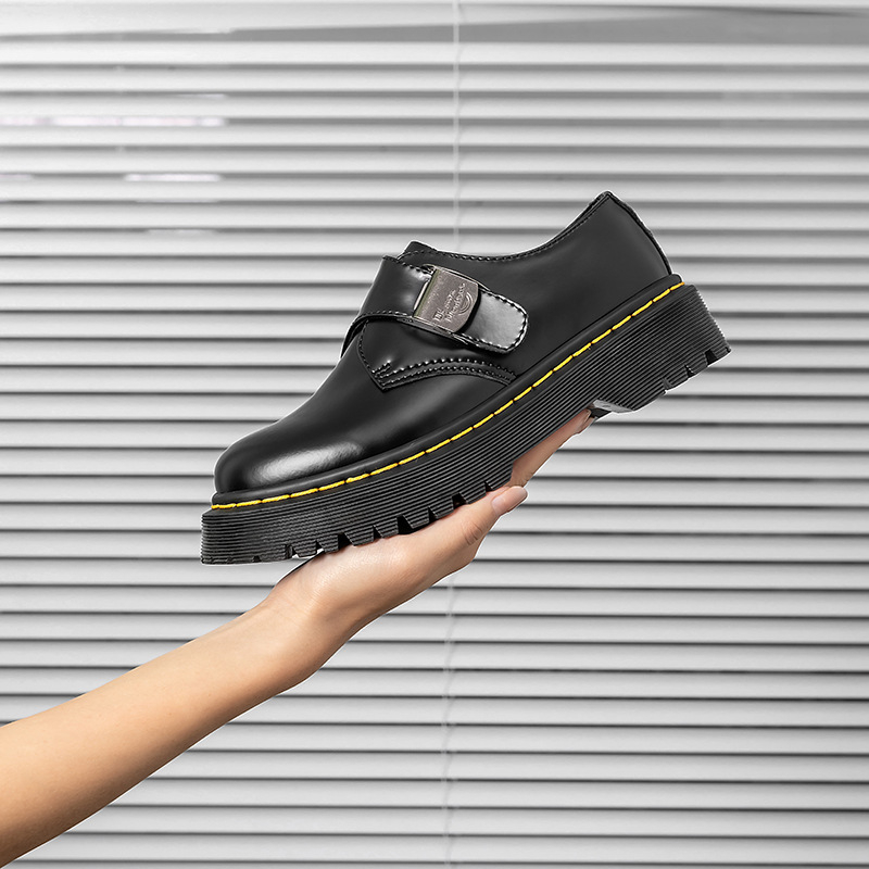 Unisex Oxford cipele od prave kože sa kopčom, britanski stil, gumeni potplat, okrugli vrh, srednja visina pete 3–5 cm