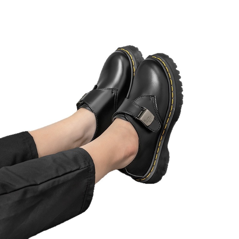 Unisex Oxford cipele od prave kože sa kopčom, britanski stil, gumeni potplat, okrugli vrh, srednja visina pete 3–5 cm