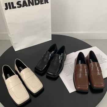 Pantofi dama loafer slip-on cu vârf pătrat, suprafață PU, stil coreean, toc plat mic, talpă din cauciuc