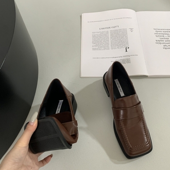 Pantofi dama loafer slip-on cu vârf pătrat, suprafață PU, stil coreean, toc plat mic, talpă din cauciuc