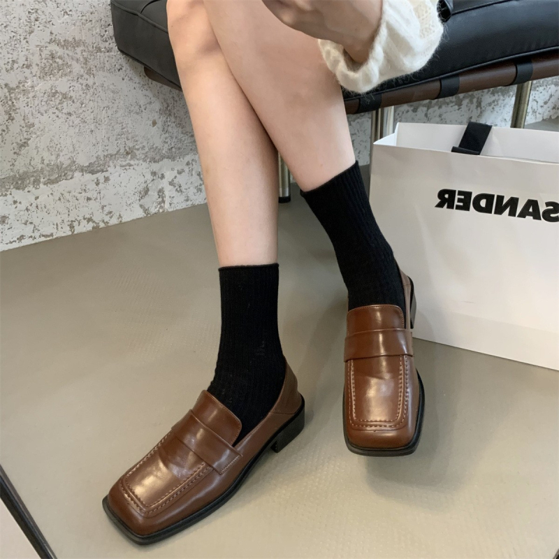 Pantofi dama loafer slip-on cu vârf pătrat, suprafață PU, stil coreean, toc plat mic, talpă din cauciuc