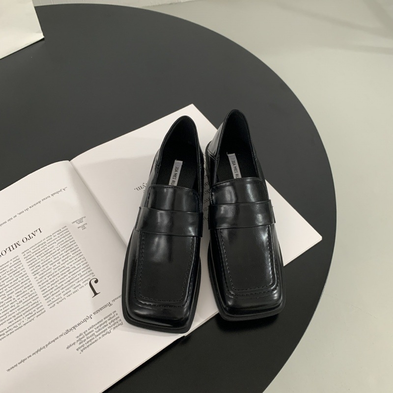 Pantofi dama loafer slip-on cu vârf pătrat, suprafață PU, stil coreean, toc plat mic, talpă din cauciuc