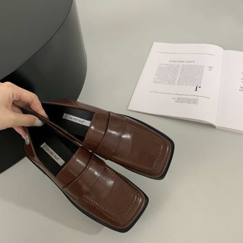 Pantofi dama loafer slip-on cu vârf pătrat, suprafață PU, stil coreean, toc plat mic, talpă din cauciuc