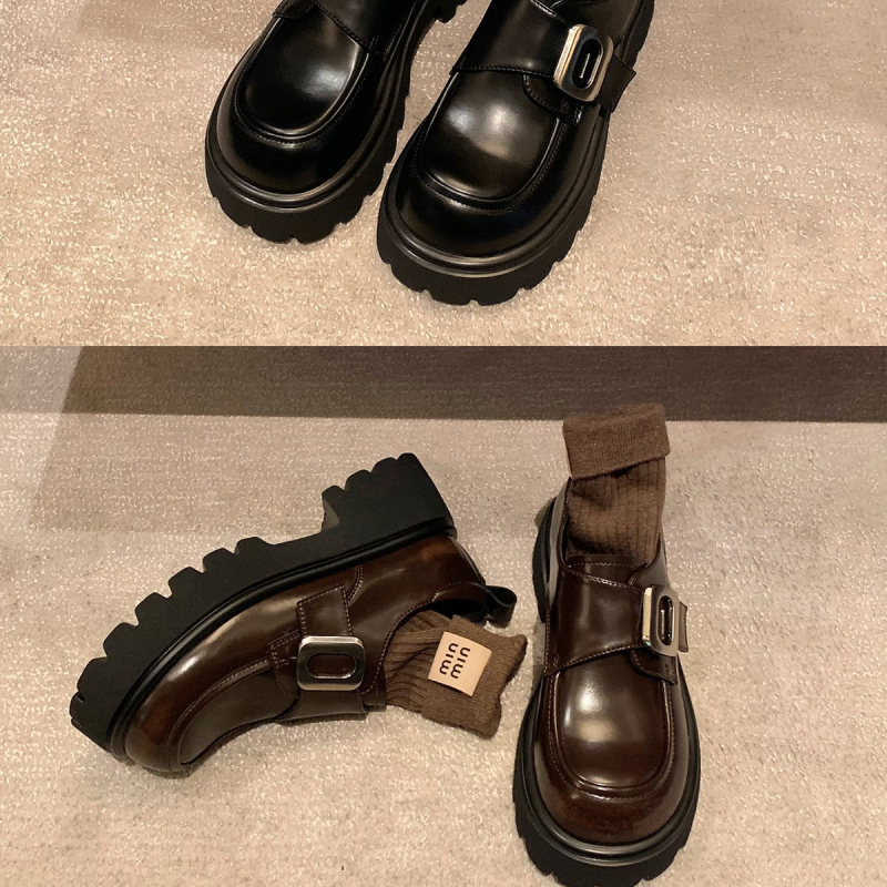 Ženske loaferice, koledž stil, slip-on, gornji dio od ovčje kože, gumeni potplat, zaobljeni vrh, debela potplata 3-5 cm.