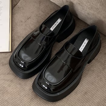 Kozni loaferi u koledž stilu s okruglim vrhom, dvostruki slip-on, gornji dio od kravlje kože, debeli pet, gumeni potplat