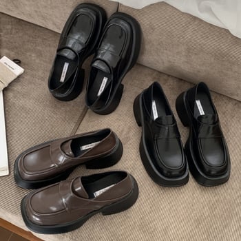 Kozni loaferi u koledž stilu s okruglim vrhom, dvostruki slip-on, gornji dio od kravlje kože, debeli pet, gumeni potplat