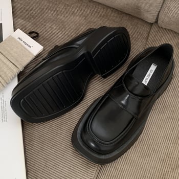 Kozni loaferi u koledž stilu s okruglim vrhom, dvostruki slip-on, gornji dio od kravlje kože, debeli pet, gumeni potplat